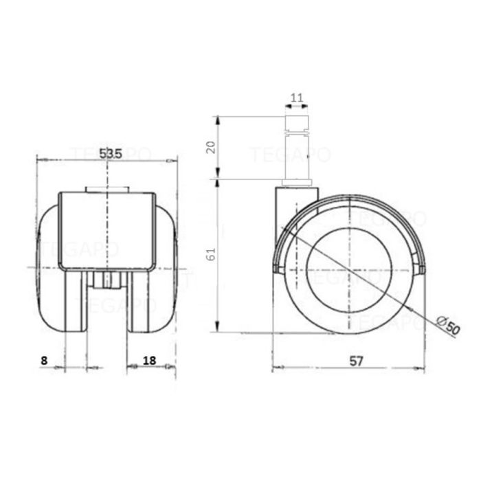 Zwenkwiel PPTP (voor PVC vloer) 50mm, 11mm stift